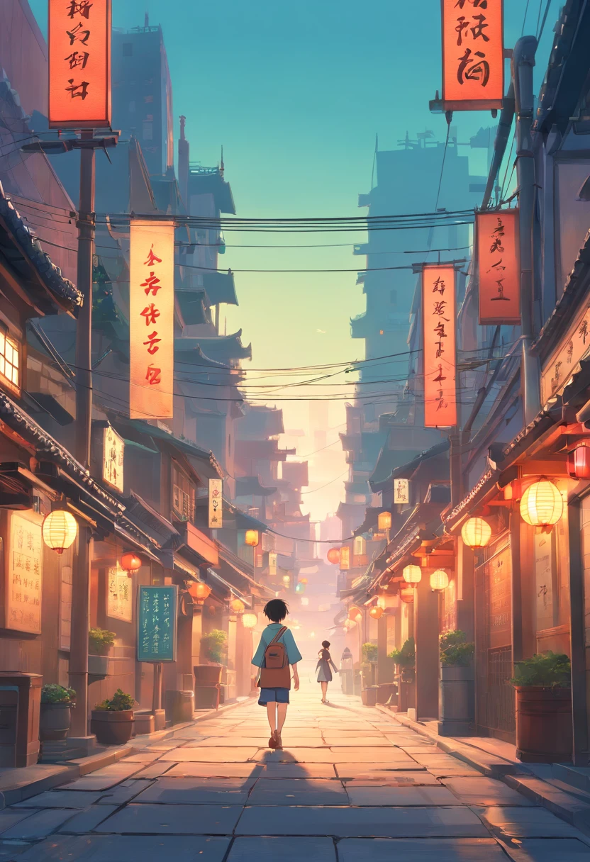 SLG Game Building、Ancient China、Japan city、KTV nightclub"(Masterpiece), Incredibly detailed, illusory engine, 4K, A young boy rides a walker exploring the bustling cityscape."
