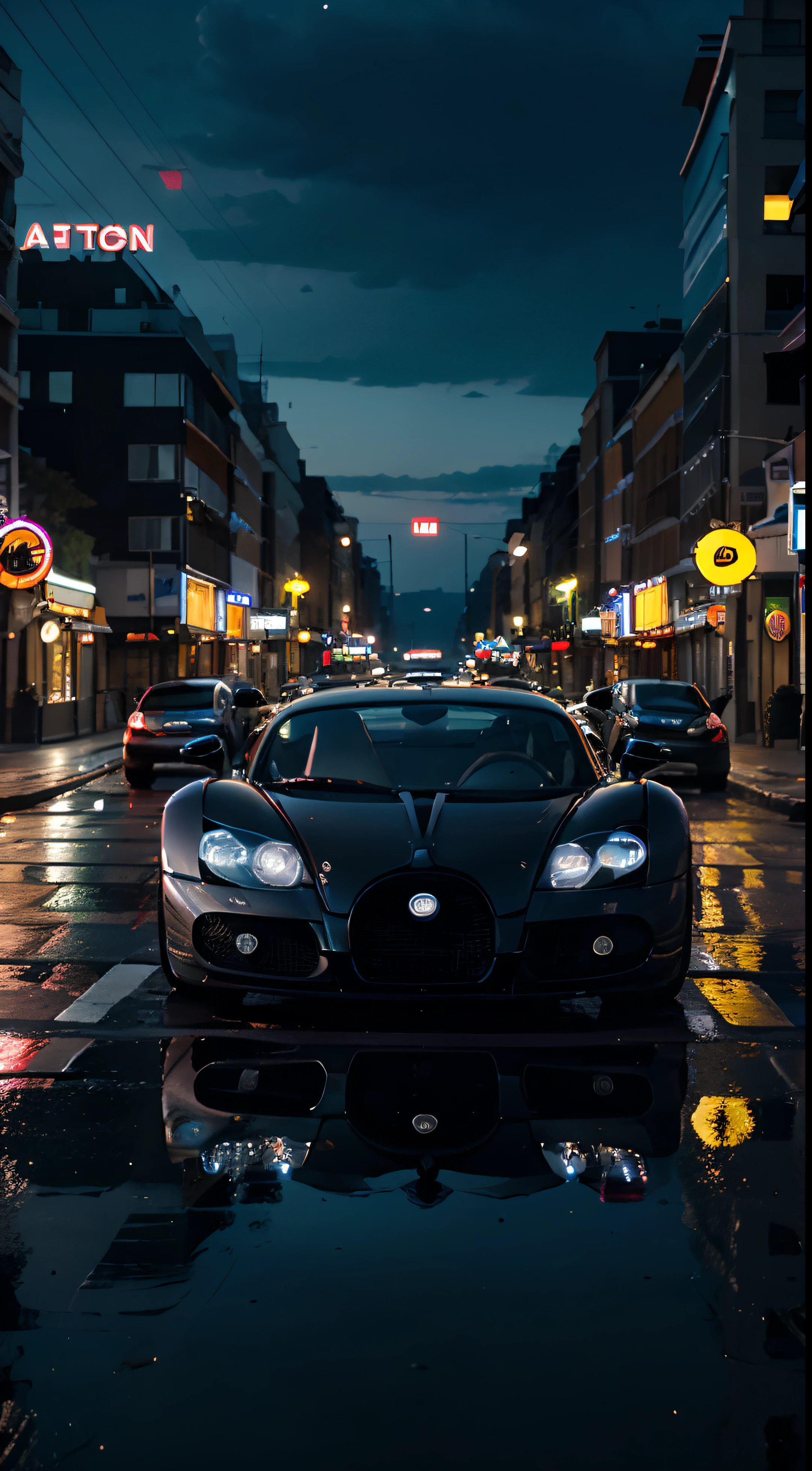 Buggati Veyron tilted car, neon light v:5, night scene, city scene, building Background, reflection on road, tilted tyres, ultra realistic