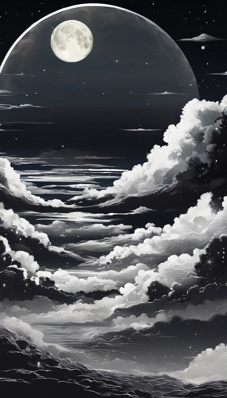 The best sub-height，Extremely fine，perfect  detail，4K，8K，anime wallpaper，NFFSW，nigh sky，with black background，Ethereal cartoon style，moon full, lunar backdrop, moon on sky, moonlit backdrop, on moon, Full moon background, with full moon in the sky, moon full, The moon is in the sky, moonlit backdrop, big white moon background, Moon, moon on sky, Far side of the moon，moon in clouds，White clouds