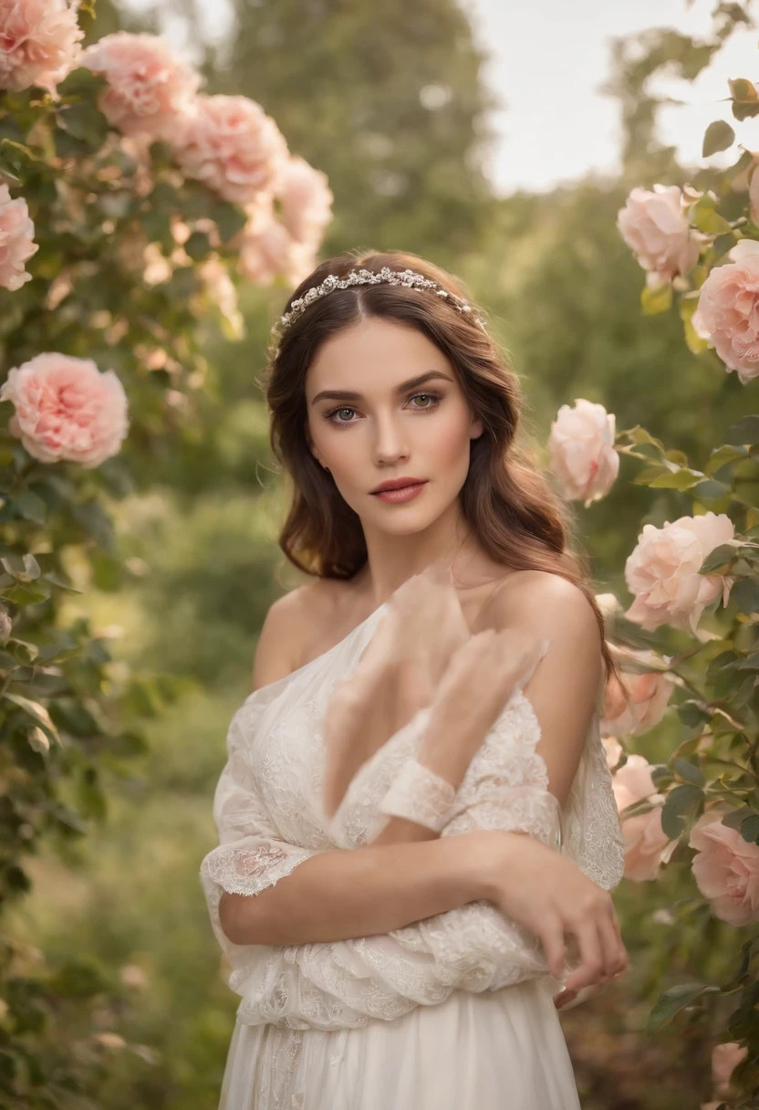 Roman setting, roupas tradicionais romanas, Deus grega, mulher jovem em um campo de rosas, mulher posando em um jardim florido, cabelos ao vento, cabelos dourados, olhos azuis, roupas sensuais, Shoulders on Display, usando pouca roupa, roupas transparentes