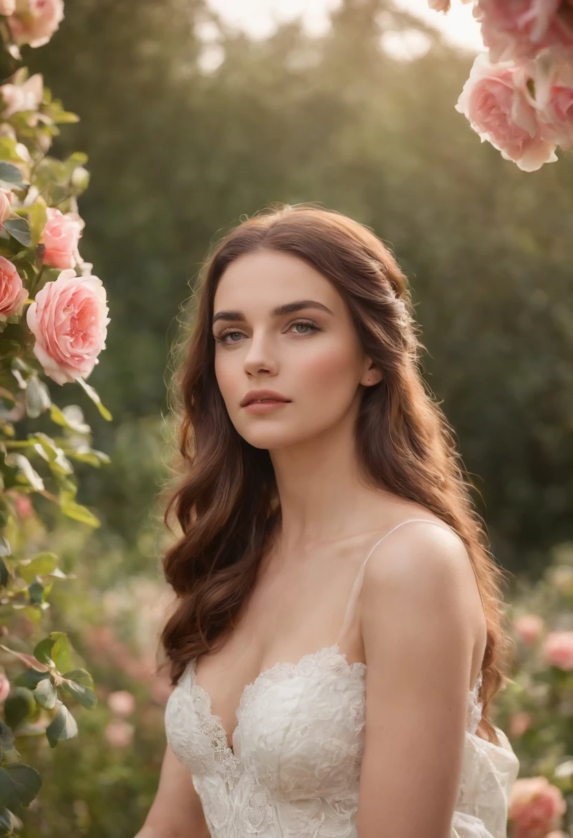 Roman setting, roupas tradicionais romanas, Deus grega, mulher jovem em um campo de rosas, mulher posando em um jardim florido, cabelos ao vento, cabelos dourados, olhos azuis, roupas sensuais, Shoulders on Display, usando pouca roupa, roupas transparentes