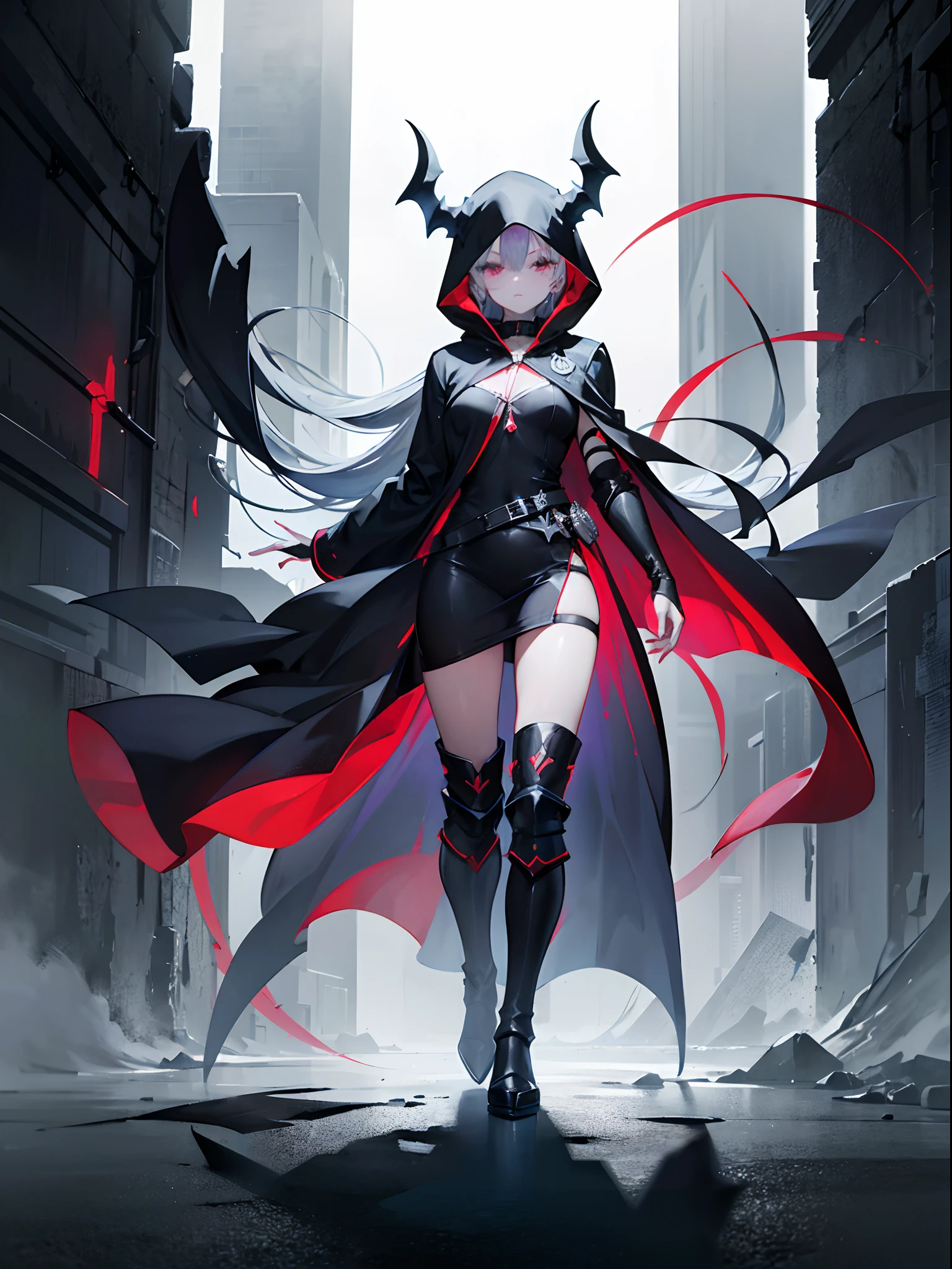 Devil style background, (Stand full body to take pictures:1.5), the golden ratio, [(Black Mist Black smoke composed of the body:1.5), (+Perfect hand+:1.21), (Ancient European Assassins, All-black hooded robe, Fuchsia with black demon armor, Only the eyes are exposed, Wearing a black mask,, （A terrifying and mysterious atmosphere, A suffocating sense of oppression and endless fear）Wear knee-length black boots （It is inlaid with fuchsia crystals）（The texture of the armor and equipment is good）He wears a black hooded robe(((+++The black mist is intertwined with the body))))], (extremely detailed CG unity 32k wallpaper:1.1), (tmasterpiece:1.37), (Detailed:1.15), Dappled light, (view the viewer), Cinematic light, Side lighting, teens girl, hdr, Perfect iris, hyper HD, (Best quality:1.13)tmasterpiece, best qualtiy, hyper-high detail, style of anime, hdr, anime wallpaper, a sense of atmosphere, absurderes, Ancient wind), cabelos preto e longos, Fuchsia pupils, 8K, 4K，absurderes，finedetail