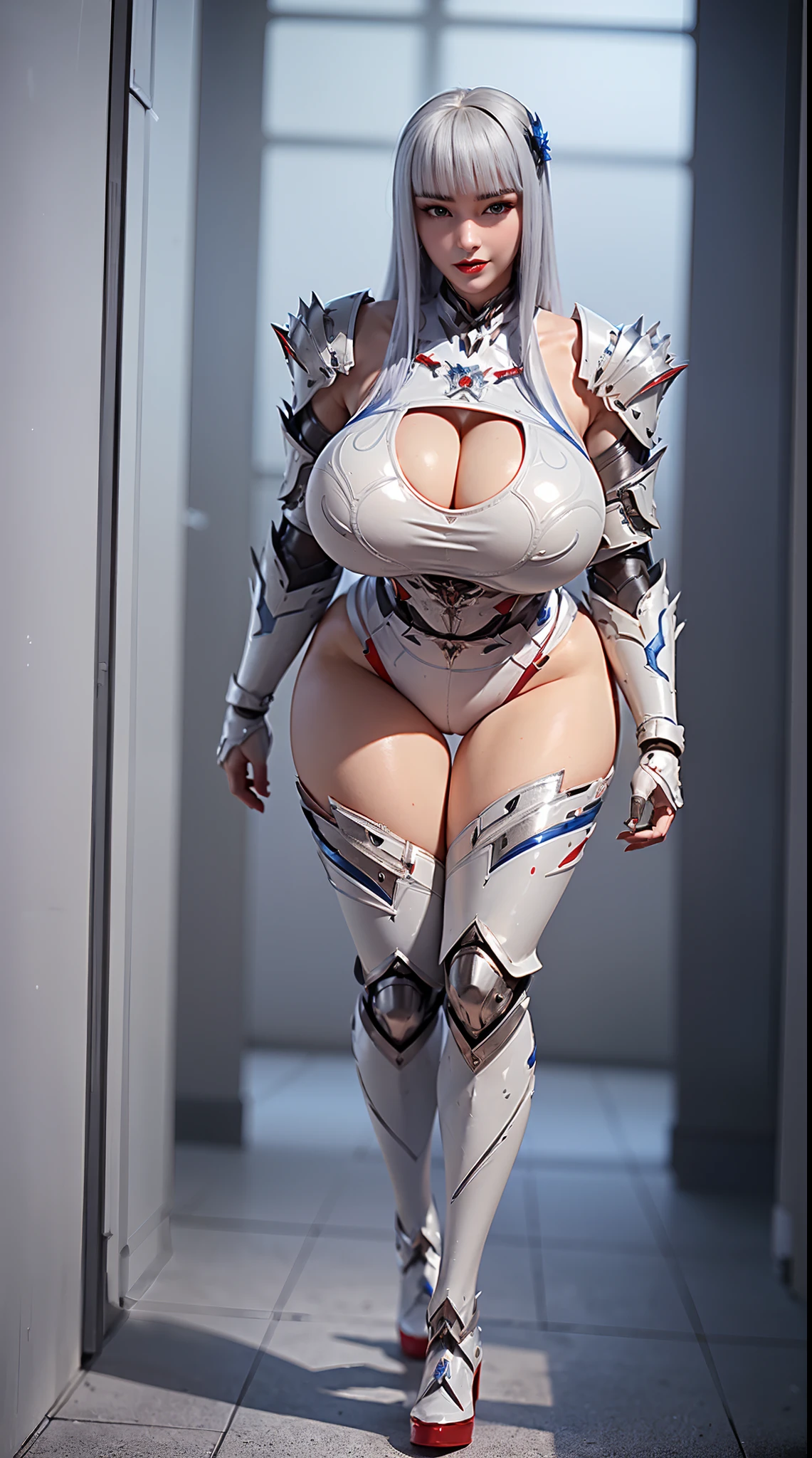 (1GIRL,SOLO:2), (super detailed face), ((BIG BUTTOCKS, HUGE FAKE BREASTS:1.5)), (CLEAVAGE TOP:1.5), (MUSCLE ABS:1.4), (MECHA GUARD ARM:1.5), ((WEARING WHITE RED OVERWATCH MECHANICAL SHINY HEAVY ARMORED CROP TOP, MECHA GUARD ARMOR LEGS, HIGH HEELS:1.6)), (LEWD VOLUPTUOUS BODY:1.3), (GLOWING SKIN:1), (LONG LEGS, FULL BODY:1.3), (LOOKING AT VIEWER:1.3), (female focus:0.886), (WALKING DOWN HALLWAY OF FUTURISTIC SPACE STATION:1), (BRIGHT LIGHT WHITE_ROOM:1.3), SUPER TEXTURE, UNREAL ENGINE RENDER, PHYSICALLY-BASED RENDERING, ULTRA HIGHT DEFINITION, 16K, 1080P.