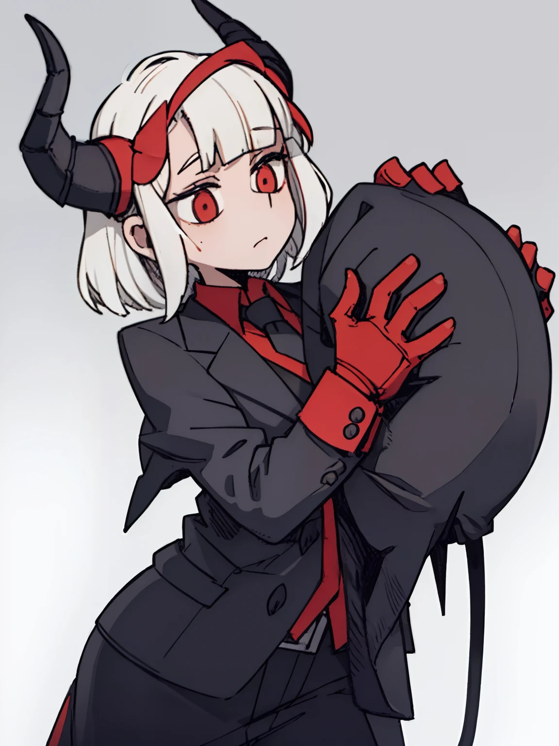 A man is positive,((full bodyesbian,Suits,Gray hair head,demon horns on head)),Put your hands in front,Young, White background