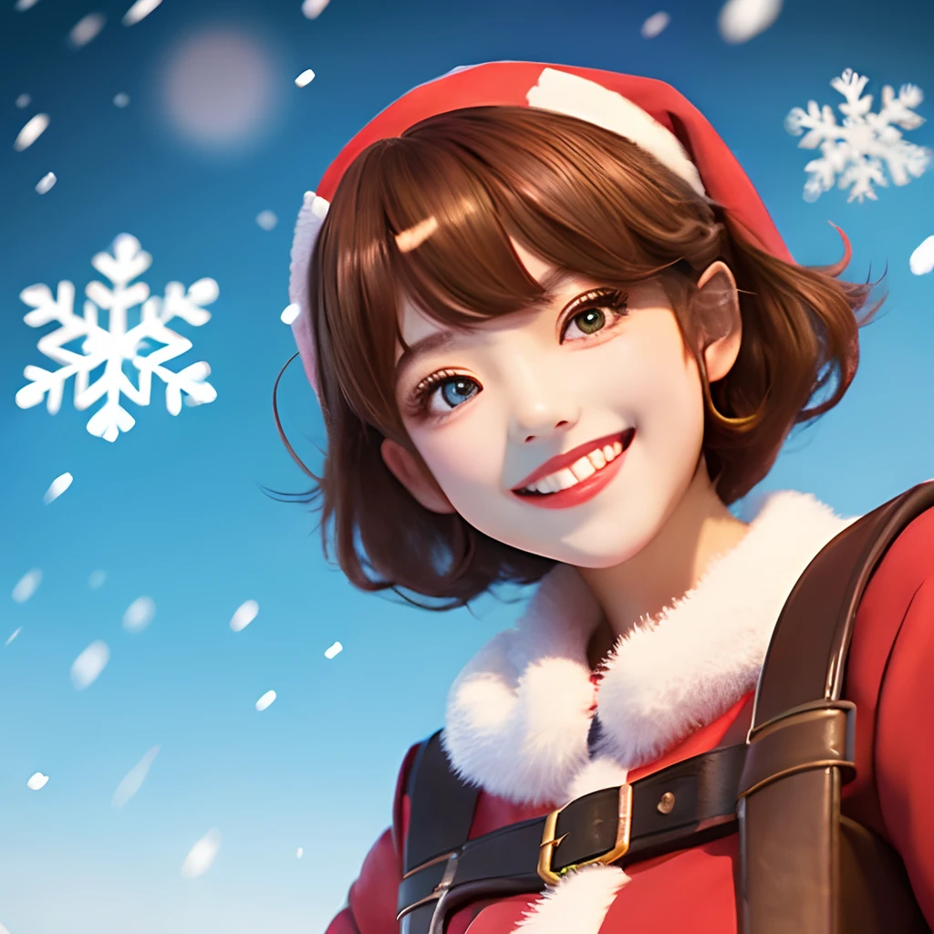 (masuter piece)、(Best Quality:1.0)(超A high resolution:1.0)masterpiece、top-quality、hight resolution、ultra-detailliert、Picasso style、Anime Pictures、Game Images、PrincessPeach、Pixel art、1 beautiful woman、kawaii、Beautiful fece、The upper part of the body、big eye、Red Eyes、Looking at this、The best smile、grin、Thicker lips、red lipsticks、、Red hair、short-cut、santa claus、Have a gift、It's snowing、Snowflake、Riding a sled、Lots of snowmen、Christmas tree