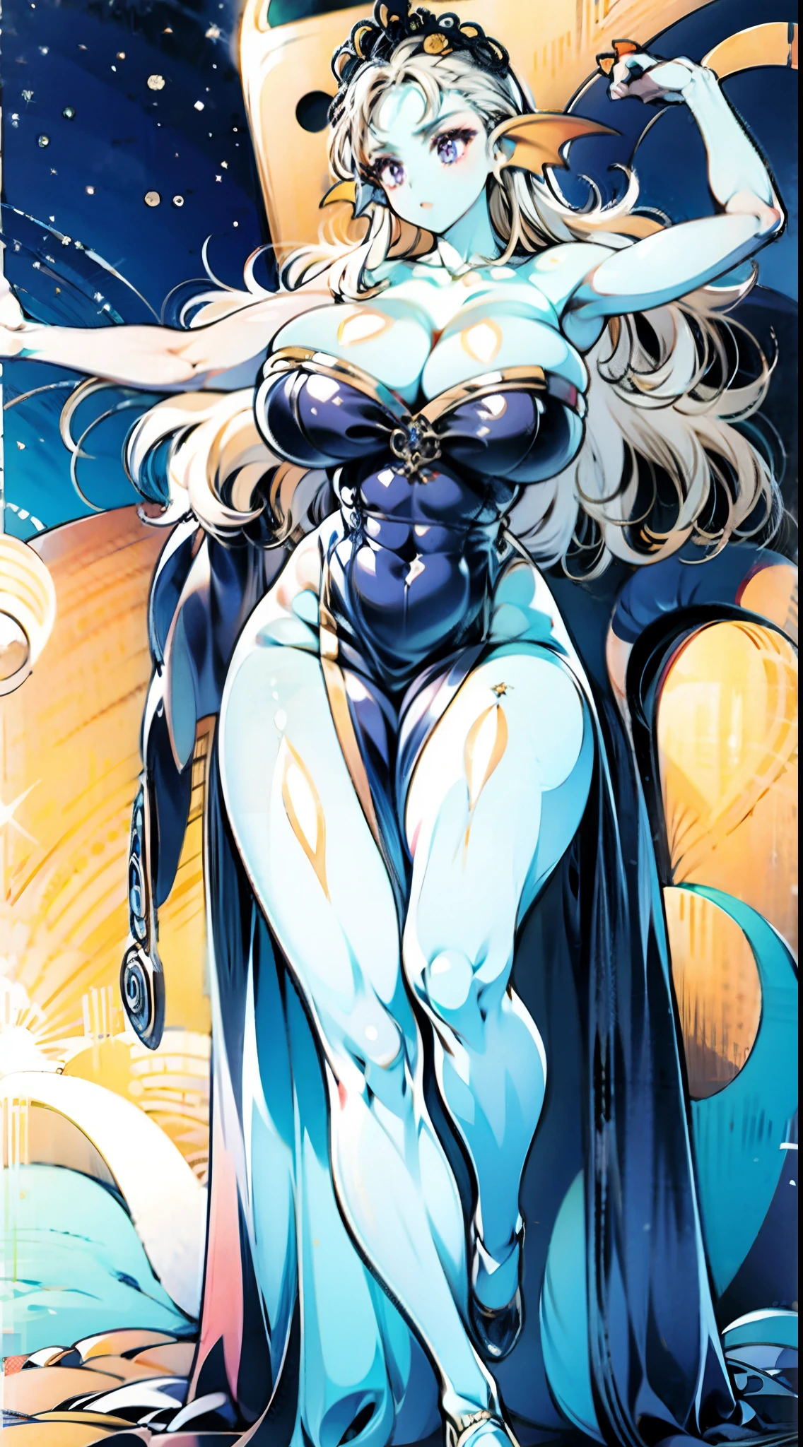 8K,High quality,Anime,married woman,Beautiful,Beautiful,Bright,Eye Highlights,Purple eyes,Sexy,ultra gigantic tits,oversized tits,Dark blue ,Erotic,beautiful line art. Blue skin, Blue and orange gradient fins, , Nothing on, Nothing on, Nothing on, Nothing on, ,full body Esbian、fullnude、Raising arms、teats、