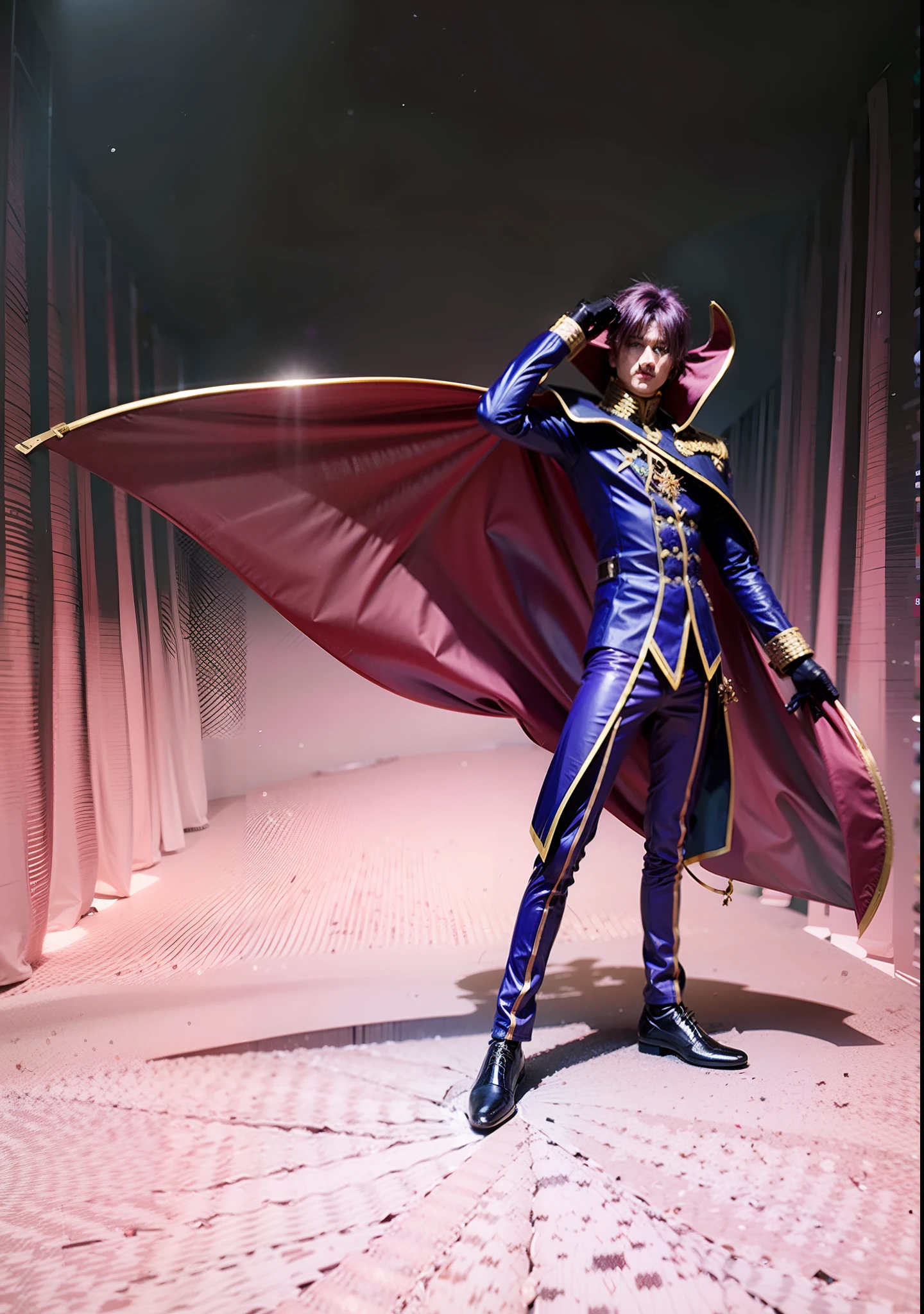 Manly character of European origin, cabelos negros e olhos roxos, camisa de tecido nobre roxo com mangas longas e detalhes dourados, capa perta com detalhes dourados com interior vermelho, luvas de couro preto, Purple noble fabric pants with gold details, sapato roxo com detalhes dourados