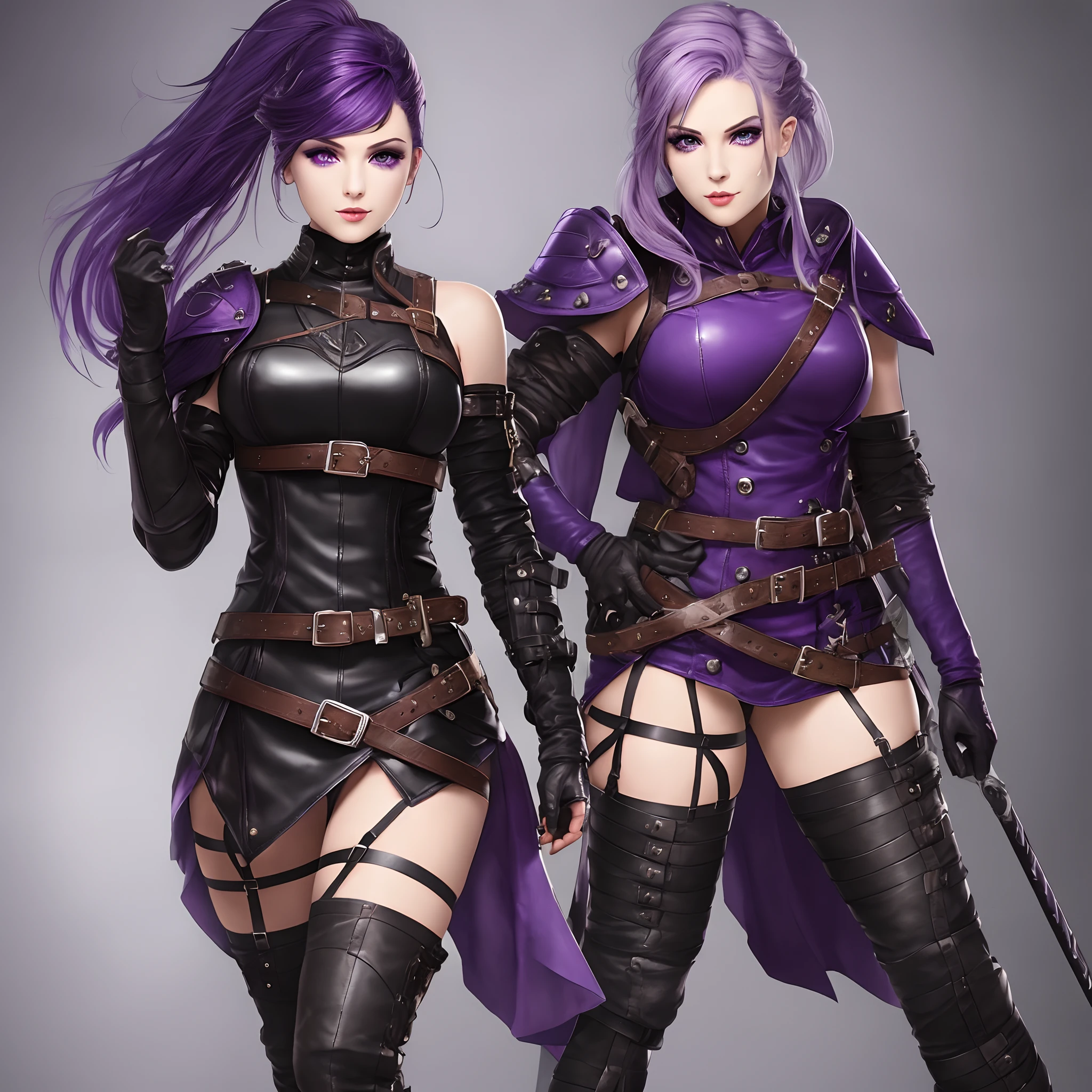 Pretty girl with purple hair and purple eyes wearing a leather warden oudfit. She has elbow long leather gloves and is wearing 3/4 black stockings. She has leather boots