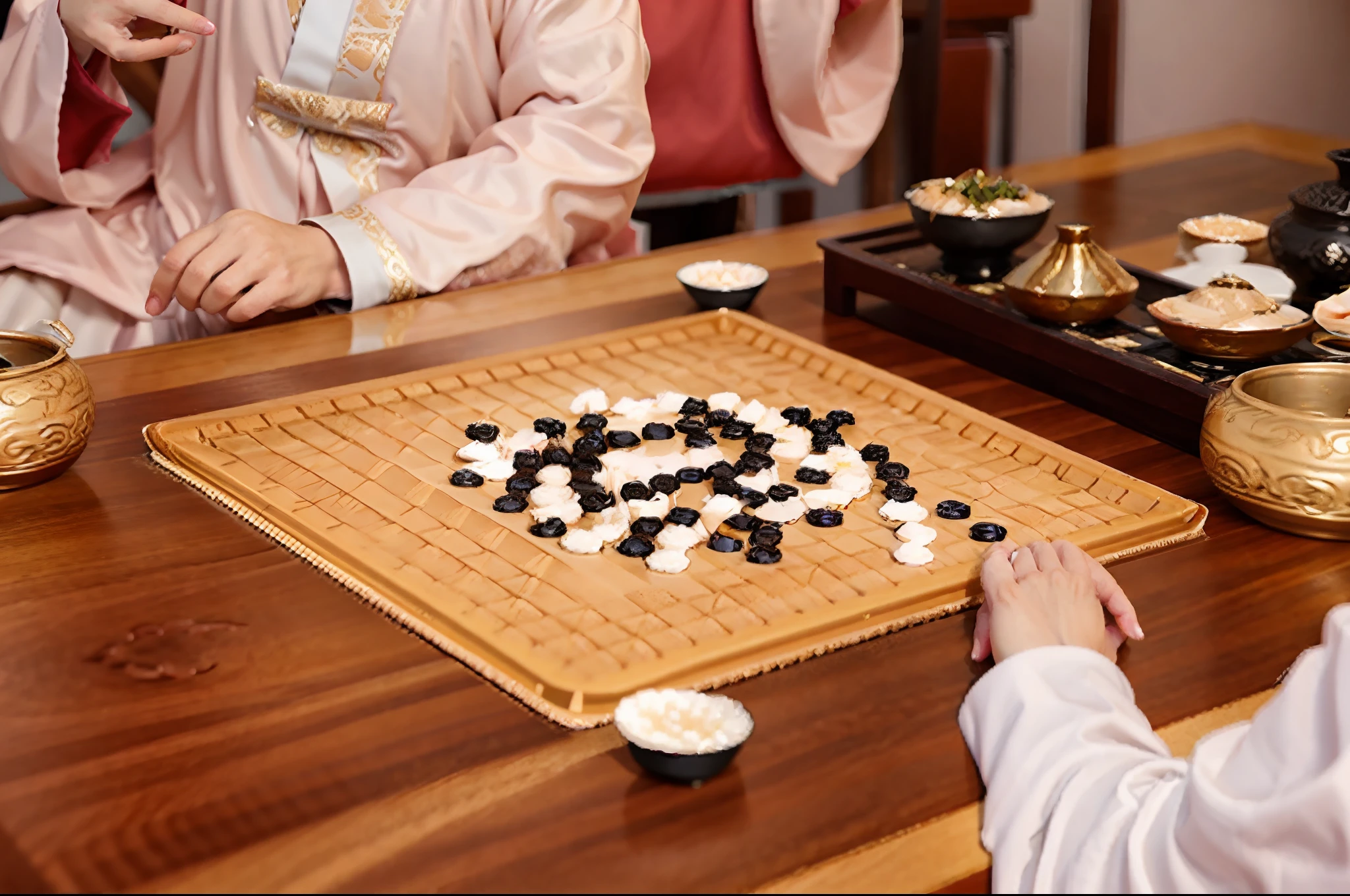 There are two men in Tang costume playing a game of Go on the table, inspired by Xuande Emperor, ruxing gao, on a wooden tray, Inspired by Ding Guanpeng, Shot on Canon EOS R 6, w 1 9 2 0, inspired by Ma Lin, tabletop game board, Casual game, yiqiang and shurakrgt, inspired by Qian Gu