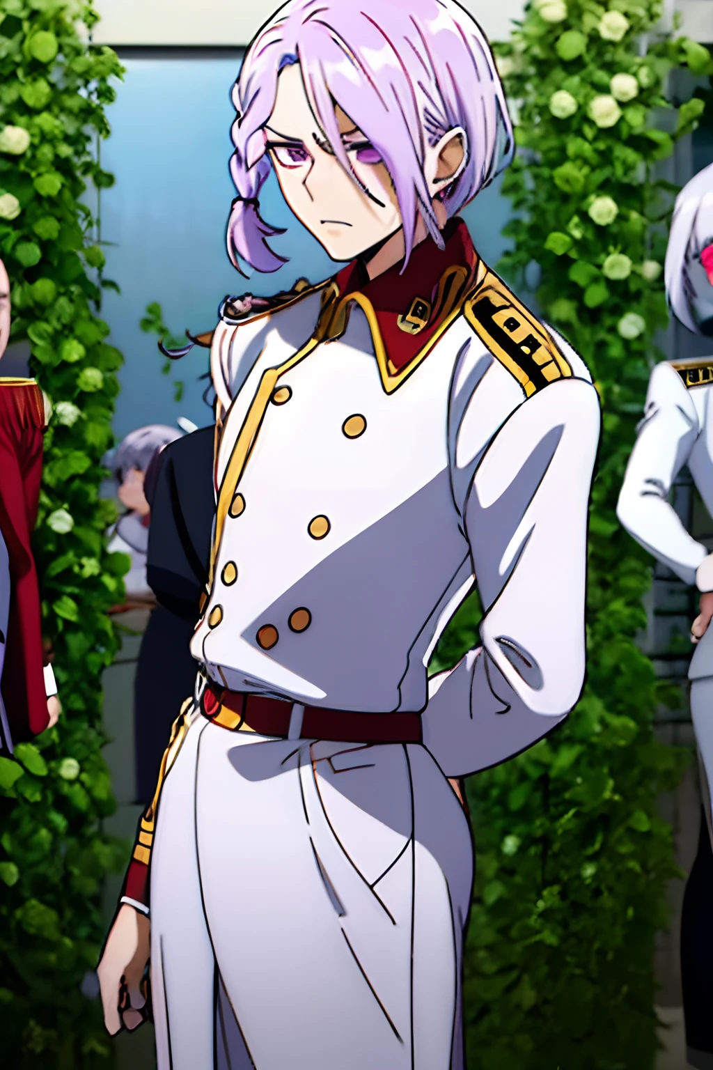 a-drei, 1boy, solo, short hair, medium hair, lilac-gray hair, braids, side braids, hiding on left eyes, hair between eyes, purple eyes, bob-hair, single sideburns on braids, red hair ornaments, military uniform, white military uniform