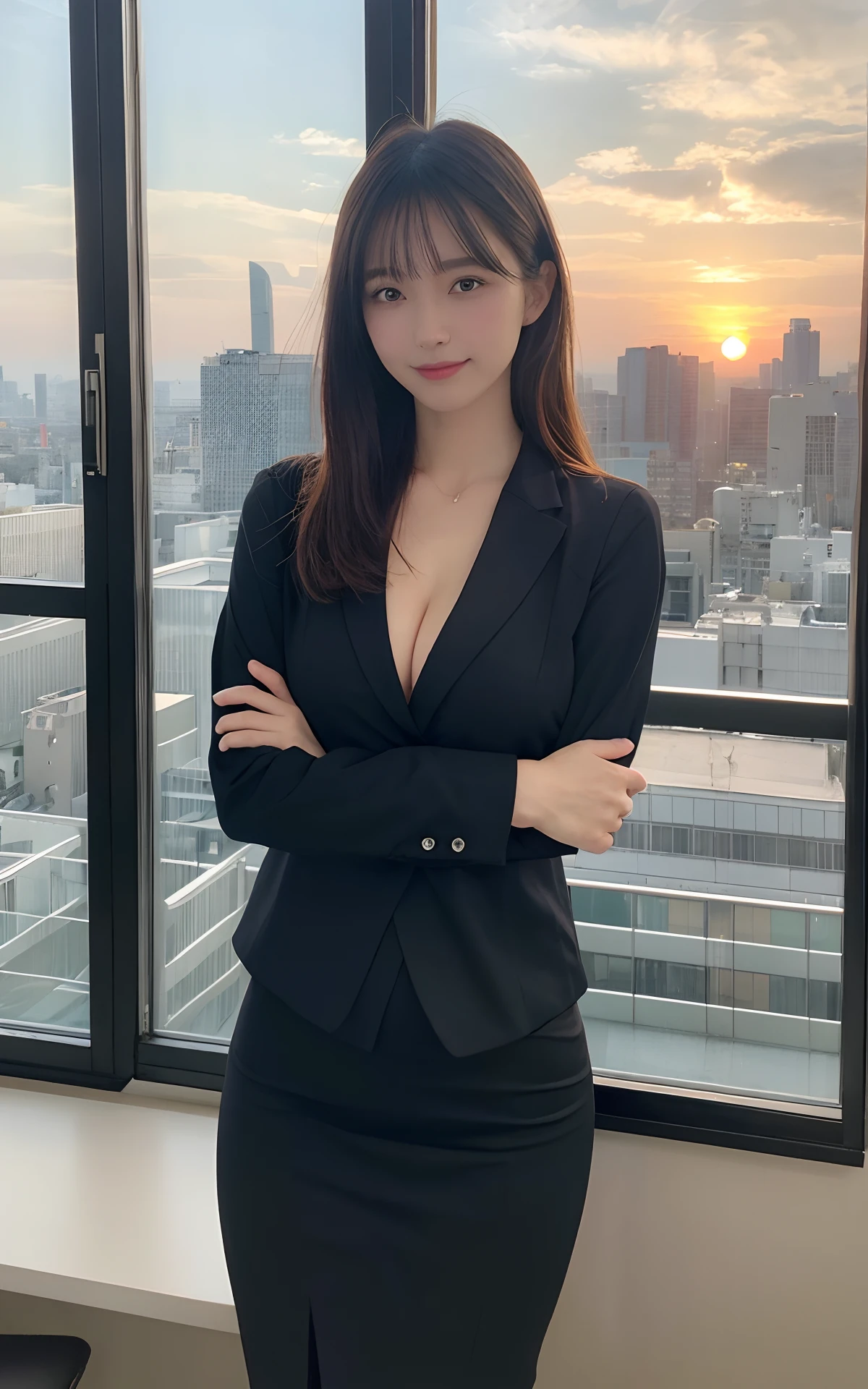 masutepiece, Best Quality, Illustration, Ultra-detailed, finely detail, hight resolution, 8K Wallpaper, Perfect dynamic composition, Beautiful detailed eyes, sexy underwear,Bob Hair, mid-chest, Natural Color Lip, Random and sexy poses,Smile,20 years girl、Colossal tits、s Office、Business Shirt、arms crossed in front of you、teats、Sunset view of Tokyo、Strict litigation、Slouch、Show off your