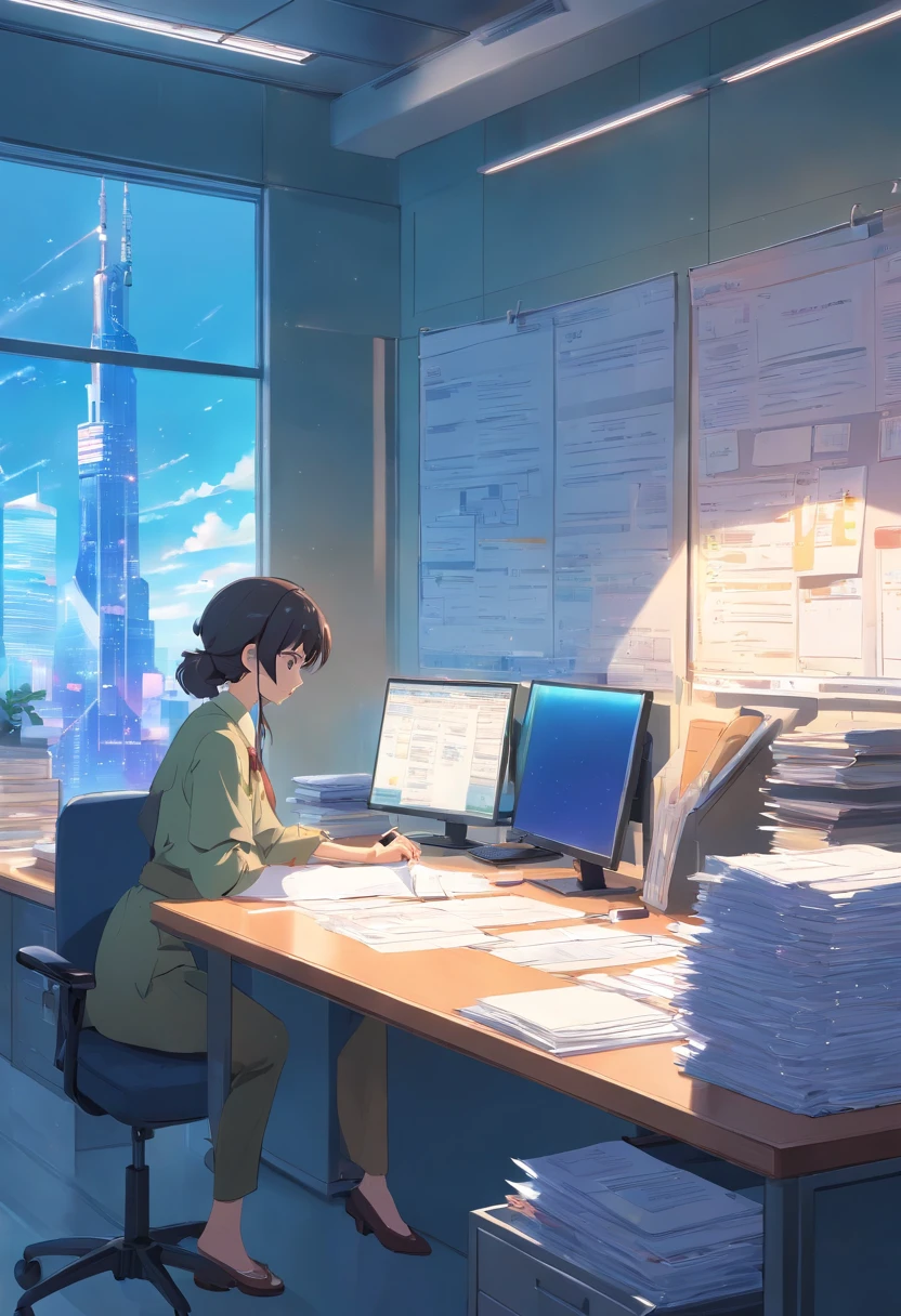 Mother Control Center Office Big Screen Holding a File Bag with a stack of documents on the desk