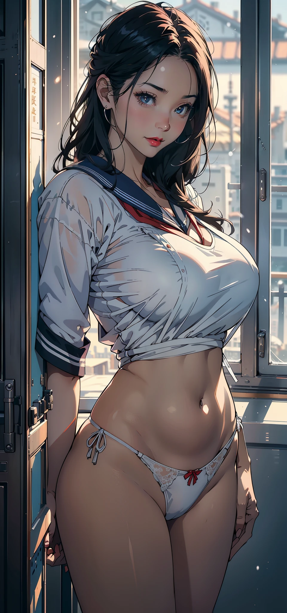 1female,45 yers old,Married Woman,熟妇,mature,plumw,extremely large bosom,Big breasts Thin waist,long leges, 独奏,(Background with:hospitals,surgery room,Medical instruments)Stand indoors, She has long black hair,bobo head,,seen from the front, standing in forest, mostly cloudy sky,(((tmasterpiece),(Very detailed CG unity 8K wallpaper),best qualtiy,cinmatic lighting,detailed back ground,beatiful detailed eyes,Bright pupils,Black eyes,Snow-whiteskin,Redlip(Very fine and beautiful),(Beautiful and detailed eye description),ultra - detailed,tmasterpiece,))facing at camera,A high resolution,ultra - detailed),laughingly,revealing breasts,Bare genitalia, Bulge,legs are open,Raised sexy,Camel toes,Flushed complexion,Desire for dissatisfaction,frontage,(Wearing:校服,sailor uniformm,)tucking up the skirt、White panties visible、Panties dug into Strickman