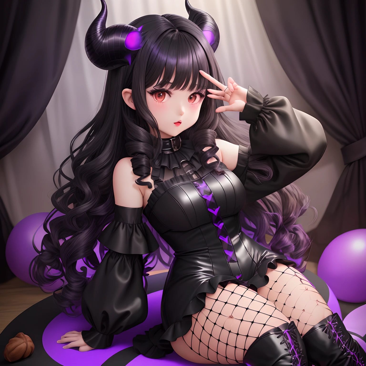 Black haired girl with animal horns that point toward face and demon tail with hazelnut skin combat boots black and purple finger tips black short dress fishnets and black horns curly ish  hair no bangs