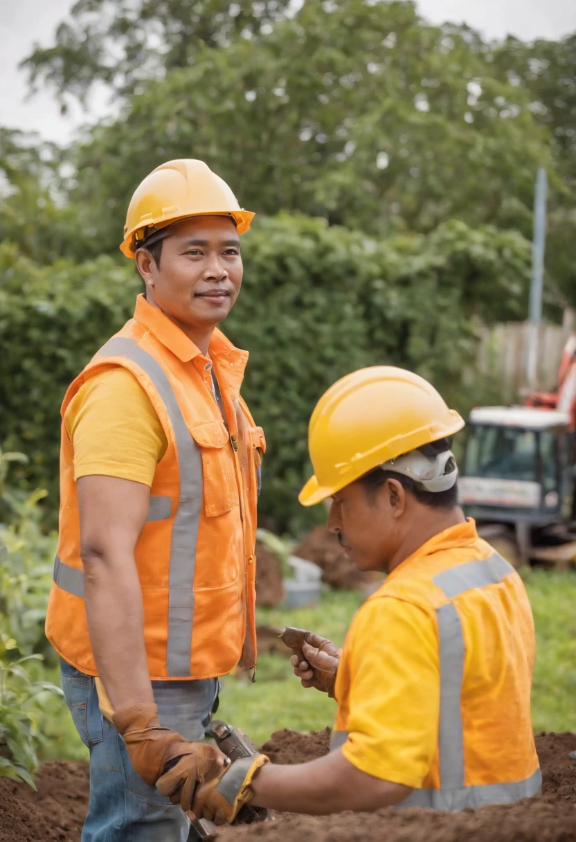 Project background shoot, Garden construction, well drilling construction work on the garden, drilling equipment installed by two indonesian construction workers, wearing construction vest, wearing yellow construction helmet