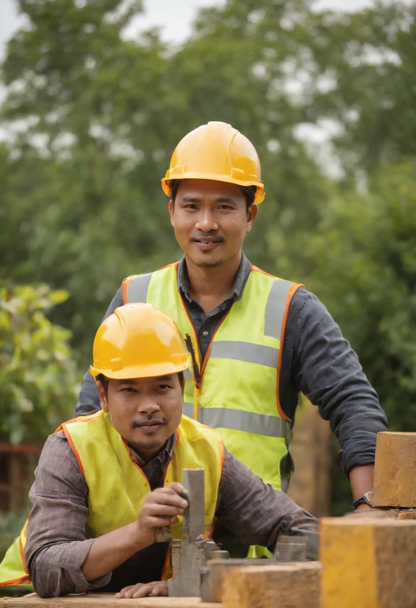 Project background shoot, Garden construction, well drilling construction work on the garden, drilling equipment installed by two indonesian construction workers, wearing construction vest, wearing yellow construction helmet