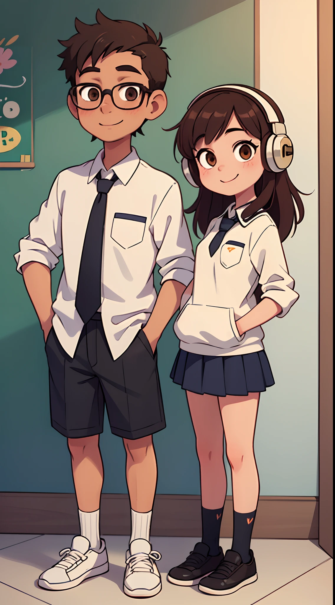 2 teanagers: 1 girl, 1 boy; boy: white skin, brown glasses, standing in front of white wall , brown hair, tall, thin, school uniform, , black vans, hands in pockets, blue tie,; girl: cute girl with long black hair, cute, smiling, standing in front of white wall, tan skin, brown eyes, 17 years old, school uniform, same age, boy has white skin, girl has tan skin