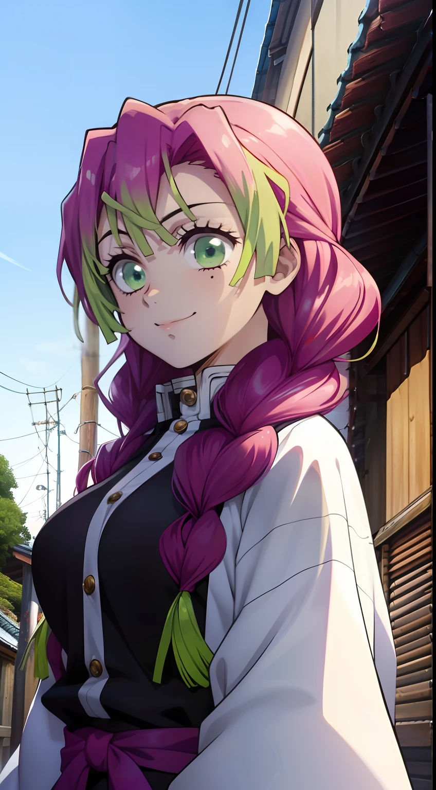 a 1girl, woods, Japanese Village, luna, the night, beautiful big breasts, rose hair, Bright green color at the ends of the hair,  MitsuriKanroji,stands in full growth,  (Body Full 1:1), Dazzling, smil, pectorals, In art: Demon Slayer, Demon Slayer Art Style, demon slayer rui fanart, badass anime 8 k, Demon Slayer, Anime Key Art, 4 k manga wallpapers, kimetsu no yaiba, anime wallaper, Ultra Transparent, Ultra Detailed, very extremely beautiful, anime epic artwork, Anime Art Wallpapers 8K, Local Art & epic composition, very extremely beautiful, beautiful breasts, old Japan, (tmasterpiece, beste-Qualit),