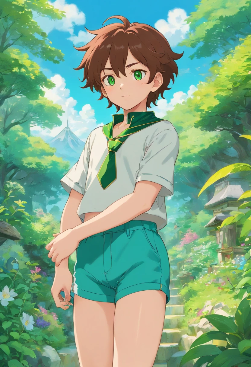a boy wearing an anime collar, big butt, hourglass figure, brown fluffy hair, green eyes, shorts, crop top,a long necklace and earrings, in the style of tranquil gardenscapes, colorful animation stills, masami teraoka, aquamarine, paul gauguin, Embry style, honest portrayal