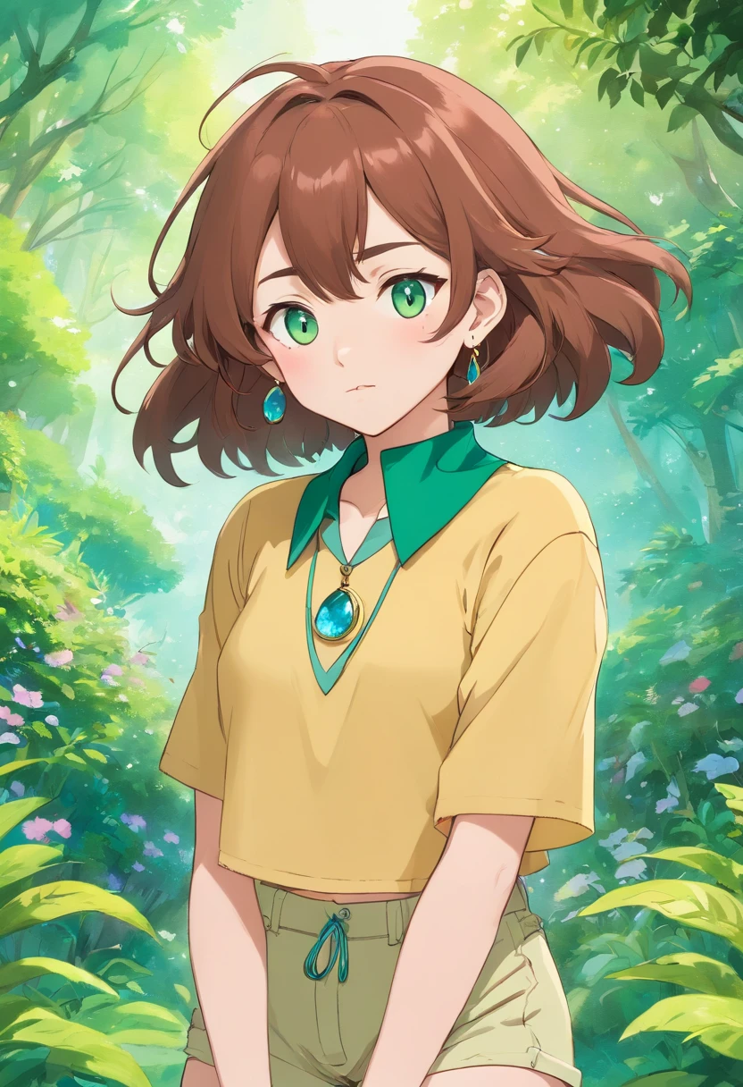 a boy wearing an anime collar, big butt, hourglass figure, brown fluffy hair, green eyes, shorts, crop top,a long necklace and earrings, in the style of tranquil gardenscapes, colorful animation stills, masami teraoka, aquamarine, paul gauguin, Embry style, honest portrayal