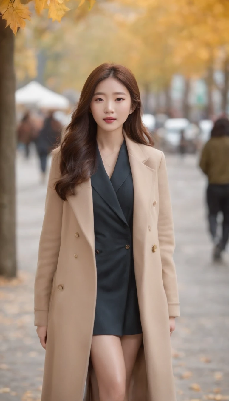 (the chest is very large), (Very good style), (Very leggy), (Long hair), gorgeous young korean woman, beautiful young korean woman, Young and adorable Korean face, jaeyeon nam,Fashionable autumn outfit、Walking along the autumn foliage-lined street of Gaien Street
