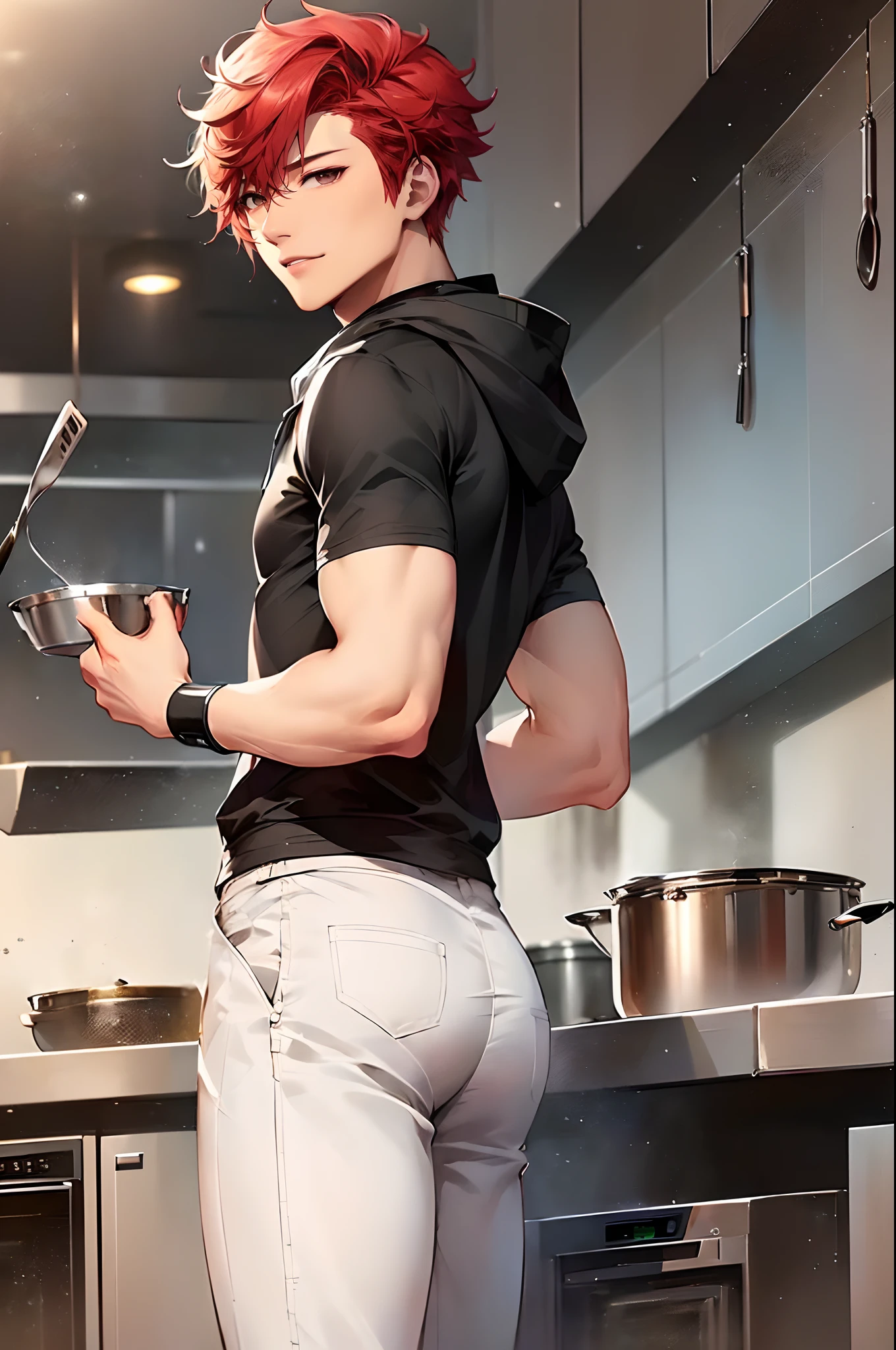 (4K works))、​masterpiece、(top-quality)、((Daytime kitchen))、((In the English kitchen))、((Standing in the kitchen and cooking))、English Kitchen、Korean Male、Adult male、((Adult male 40 years old))、((Face similar to Hyun Jin))、Cool Men、tall、((Gentle smile))、((Strong eyes))、((Wearing a black T-shirt and a white hooded jacket、Wearing long white pants))、((smaller face))、Slim body、((hooligan))、((rather short hair of bright red color,))、((rather short hairstyle above the ears,))、((Fairly short two-block mashed hair))、((Black eyes))、((Shot diagonally from the side))、((Shot alone))、((Solo Photography))、((He cooking))、((He is standing in the kitchen))