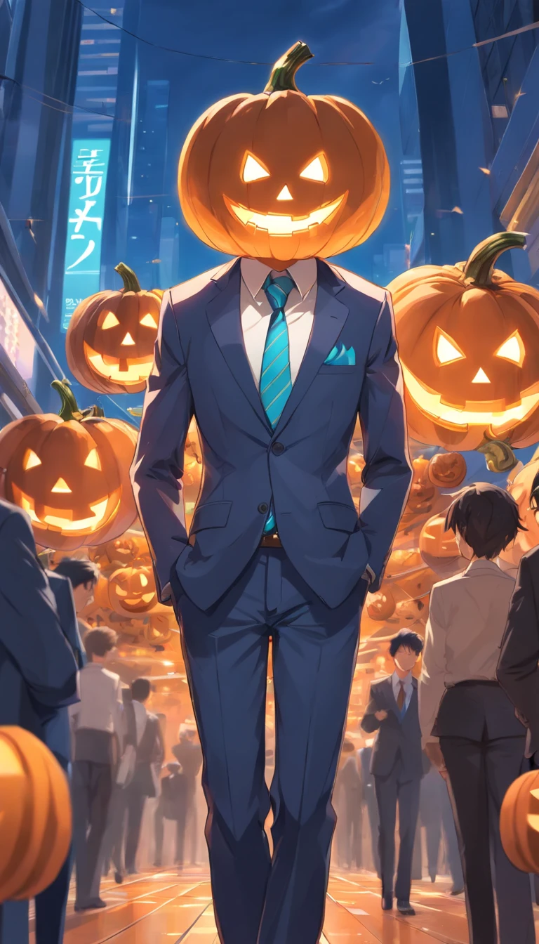 anthropomorphic jack-o-lantern in a business suit, cartoon style