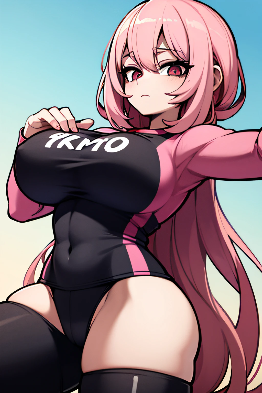 (1 woman), (pink hair), (full-figured woman), (huge breasts), (tracksuit), (yoga pants), (illustration, vibrant colors, anime), (best quality, 4k, highres), (bright lighting)