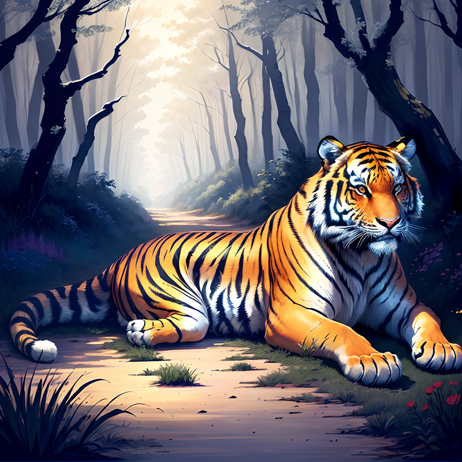 Generate an uncolored line drawing of a full-length tiger in a lying pose in a forest with trees and flowers around.