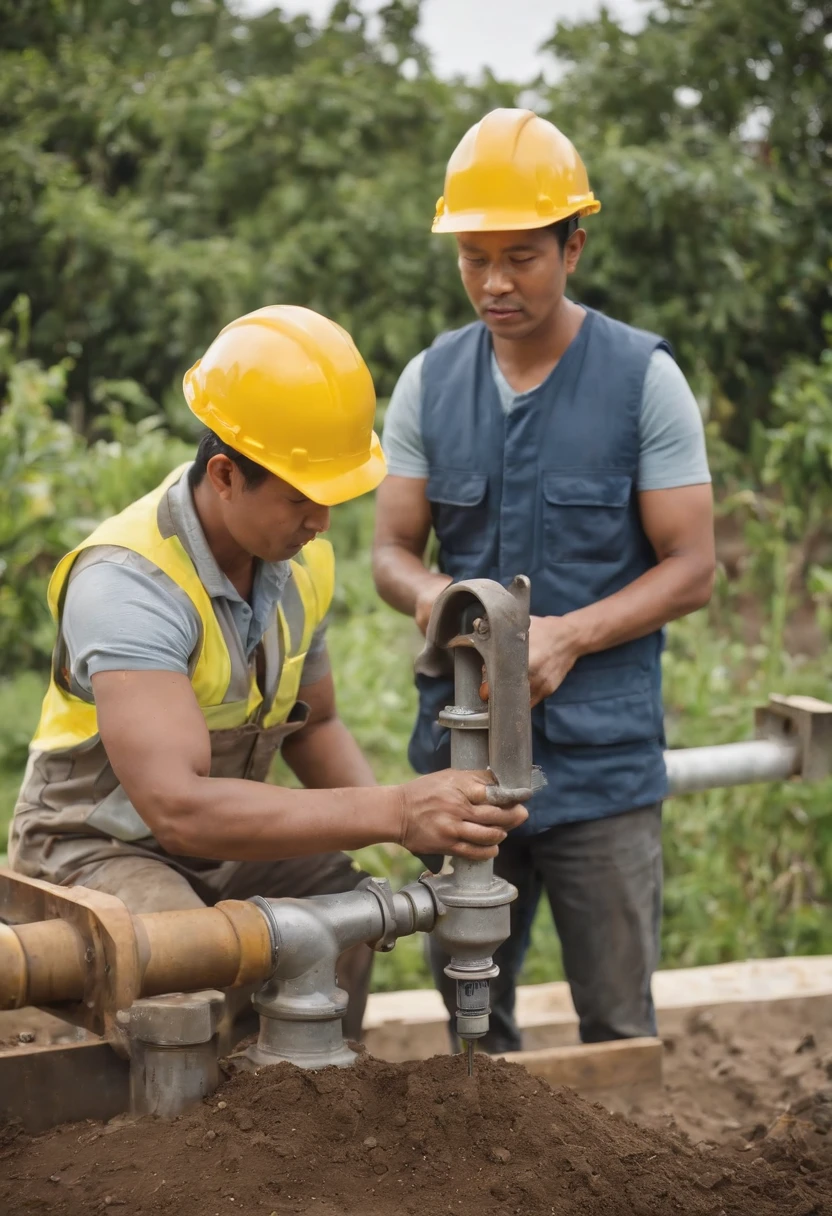 Project background shoot, Garden construction, well drilling construction work on the garden,  water pump installed by two indonesian construction workers, wearing construction vest, wearing yellow construction helmet