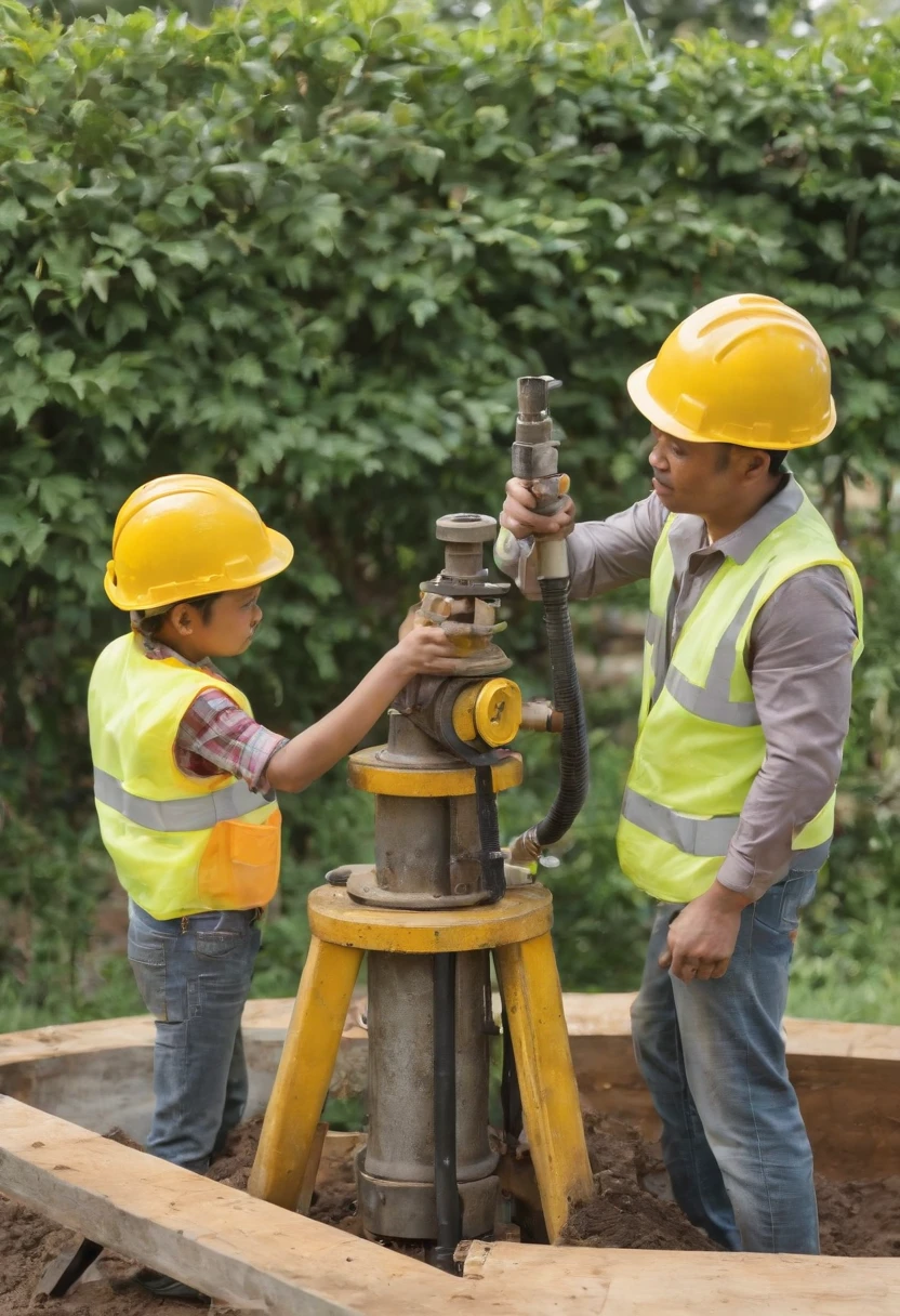 Project background shoot, Garden construction, well drilling construction work on the garden,  water pump installed by two indonesian construction workers, wearing construction vest, wearing yellow construction helmet