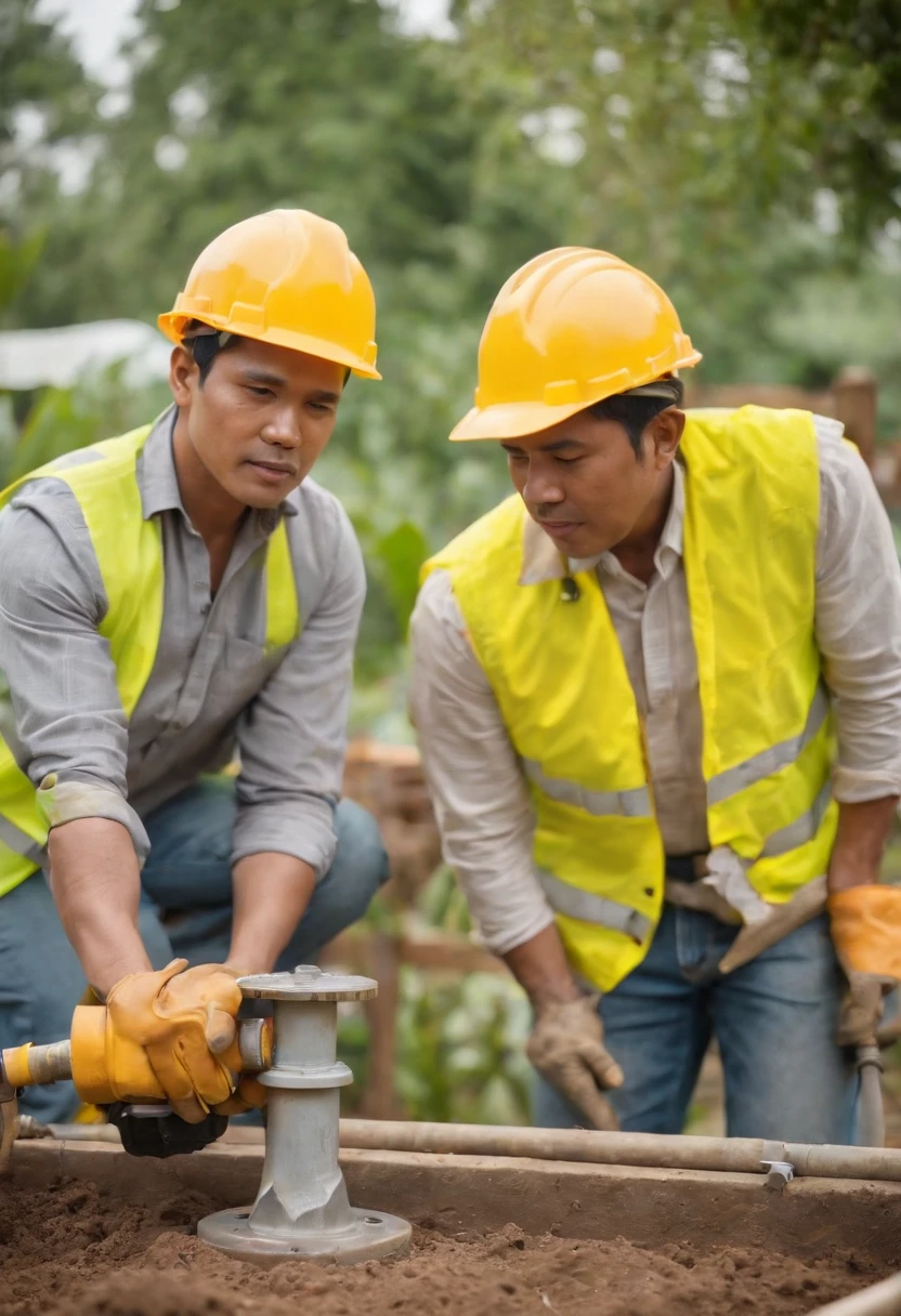 Project background shoot, Garden construction, well drilling construction work on the garden, drilling equipment installed by two asian construction workers, wearing construction vest, wearing yellow construction helmet