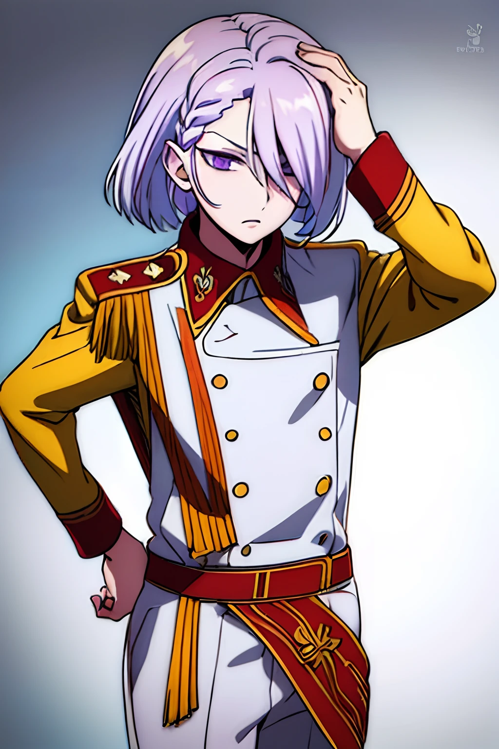 a-drei, 1boy, solo, short hair, medium hair, lilac-gray hair, braids, side braids, hiding on left eyes, hair between eyes, purple eyes, bob-hair, single sideburns on braids, red hair ornaments, military uniform, white military uniform, belt