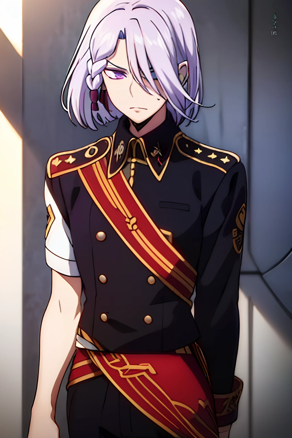 a-drei, 1boy, solo, short hair, medium hair, lilac-gray hair, braids, side braids, hiding on left eyes, hair between eyes, purple eyes, bob-hair, single sideburns on braids, red hair ornaments, military uniform, white military uniform, belt