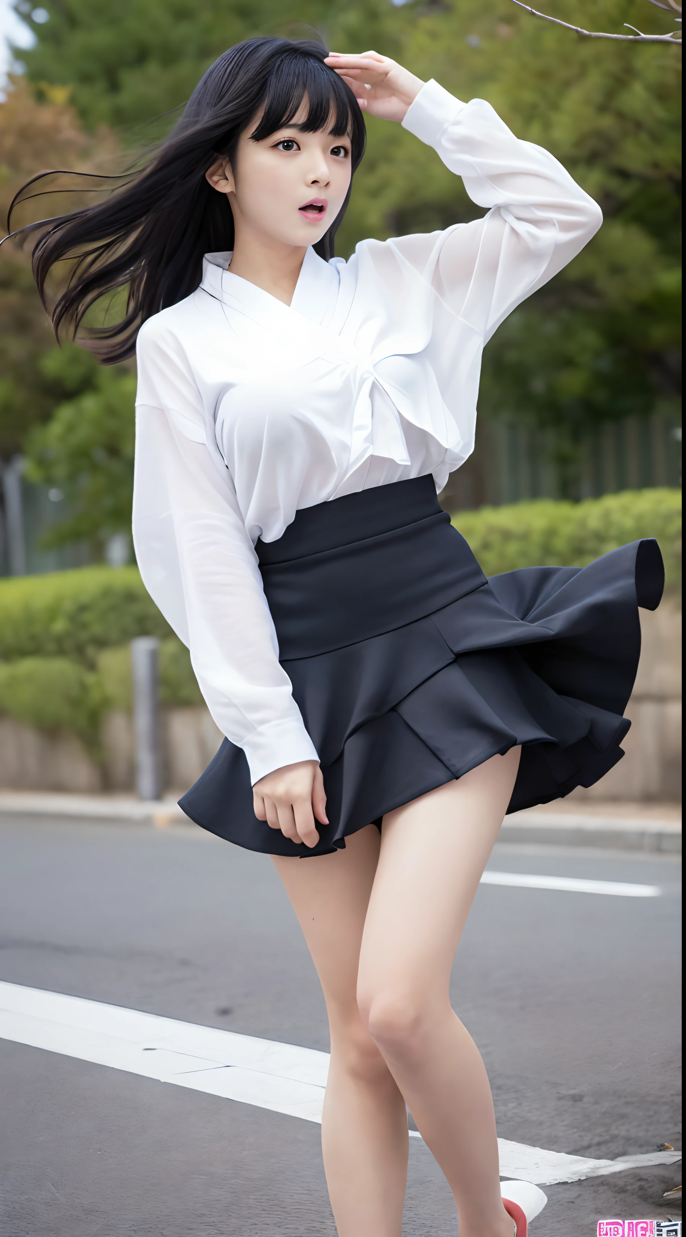 1womanl,Black hair,japanes ,((A slightly surprised look)),Beautiful breasts,校服,,,(Facing the front)(((embarassed expression)),(((The skirt is rolled up by the wind)))