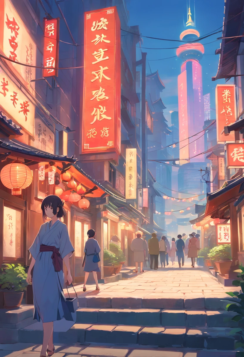 SLG Game Building、Ancient China、Japan city、KTV nightclub"(Masterpiece), Incredibly detailed, illusory engine, 4K, A lonely girl exploring a bustling cityscape."stone monument