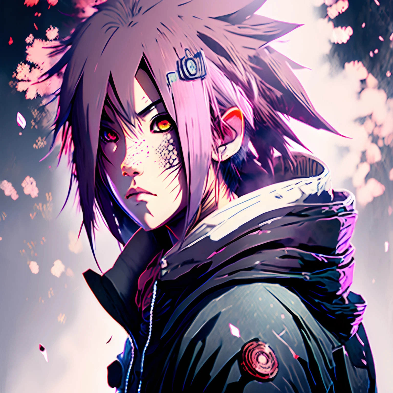 Sakura Uchiha in the hood, Black and pink hair, one green eye, one red eye