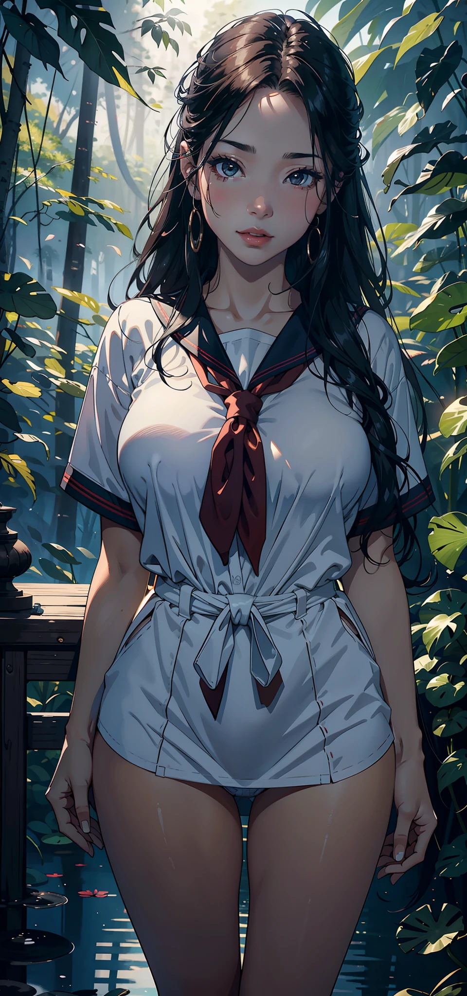 1female,45 yers old,Married Woman,熟妇,mature,plumw,extremely large bosom,Big breasts Thin waist,long leges, 独奏,(Background with:ln the forest,ponds,lotus flower,at winter season,The ground is frozen) She has long black hair,bobo head,,seen from the front, standing in forest, mostly cloudy sky,(((tmasterpiece),(Very detailed CG unity 8K wallpaper),best qualtiy,cinmatic lighting,detailed back ground,beatiful detailed eyes,Bright pupils,Black eyes,Snow-whiteskin,Redlip(Very fine and beautiful),(Beautiful and detailed eye description),ultra - detailed,tmasterpiece,))facing at camera,A high resolution,ultra - detailed),laughingly,revealing breasts,Bare genitalia, Bulge,legs are open,Raised sexy,Camel toes,Flushed complexion,Desire for dissatisfaction,frontage,(Wearing:校服,sailor uniformm,)tucking up the skirt、White panties visible、Panties dug into Strickman