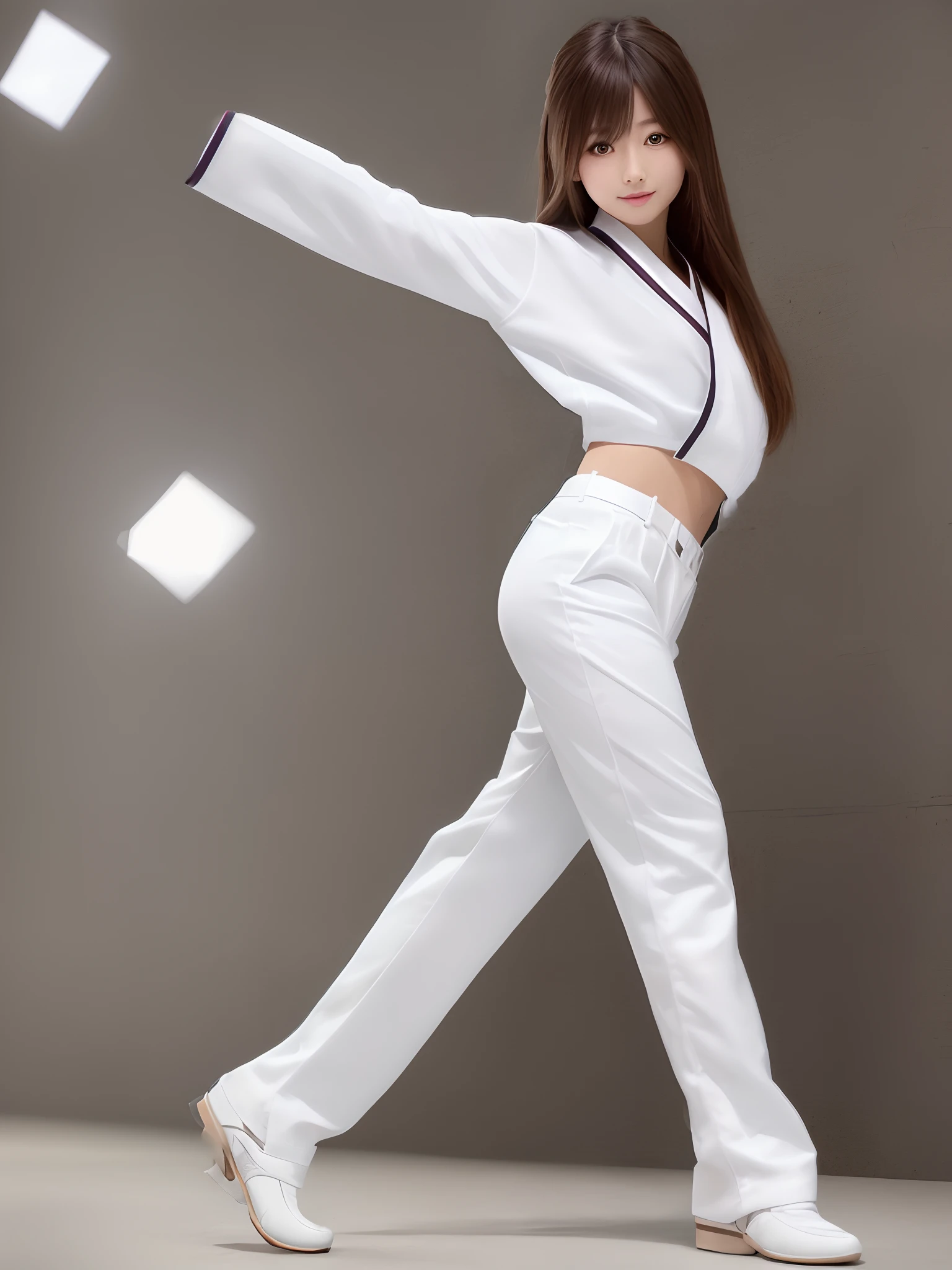 (Photorealsitic)(sixteen years old), Perfectly beautiful woman, (Full body 8K portrait), Large and dynamic hand and foot movements, White Karate Uniform, White karate pants, Large bust,Stand alone, Large and dynamic hand and foot movements, Make a high side kick, Correct skeleton, Perfect facial detail, (Smile: 1.15), attractive beautiful face, gazing at viewer, a small face, 二重まぶた, Beautiful detailed eyes, long eyeslashes, ligh brown hair, poneyTail, Toned waist, Beautiful thin legs, toned ankles, bare-legged ,TOKYOcty