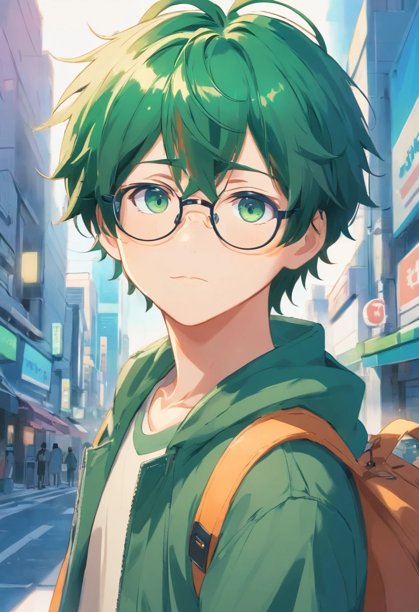 Boy,Shota,Plump, Dark green hair, Glasses, Round eyes,blue color eyes