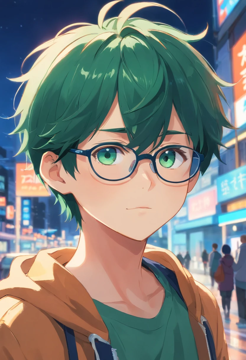 Boy,Shota,Plump, Dark green hair, Glasses, Round eyes,blue color eyes