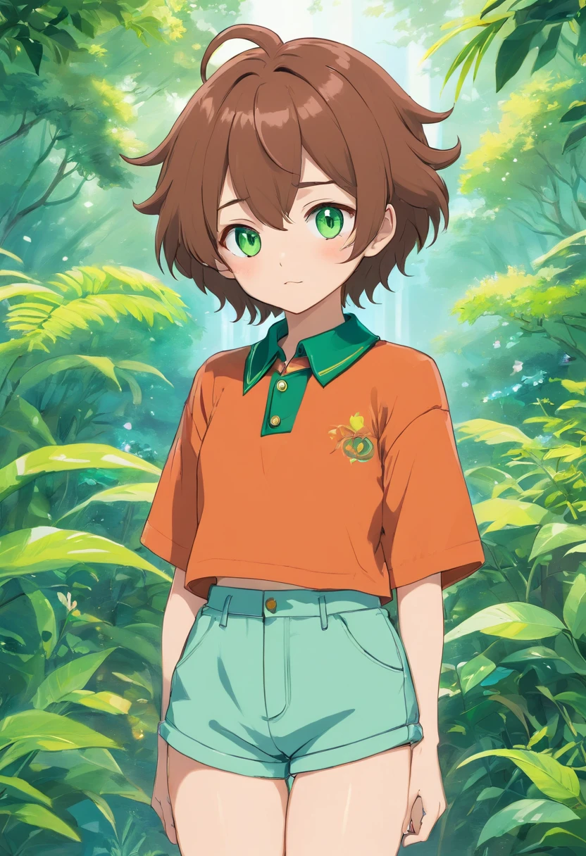 a boy wearing an anime collar, very big butt, hourglass figure, brown short fluffy hair, green eyes, shorts, crop top, seductive pose, in the style of tranquil gardenscapes, colorful animation stills, masami teraoka, aquamarine, paul gauguin, Embry style, honest portrayal