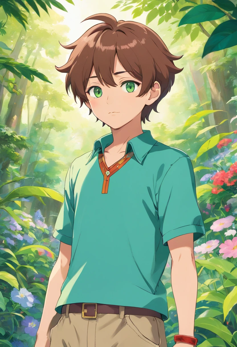 a boy wearing an anime collar, very big butt, hourglass figure, brown short fluffy hair, green eyes, shorts, crop top, seductive pose, in the style of tranquil gardenscapes, colorful animation stills, masami teraoka, aquamarine, paul gauguin, Embry style, honest portrayal