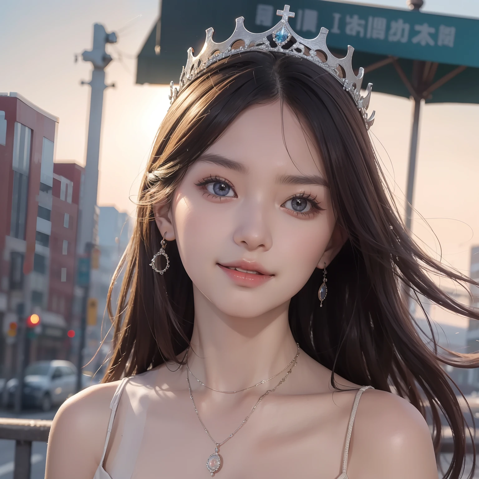 (8K, RAW photo, Best quality, Masterpiece:1.2), (Realistic, photo-realistic:1.37), Ultra-detailed, 超高分辨率, twtzuyu, 1 girl,view the viewer,Smile, ((Wear a crown on your head)), queen, Beautiful detailed eyes,  (Floating hair), Detailed clothes,  Skin texture, Cinematic lighting, Professional lighting,