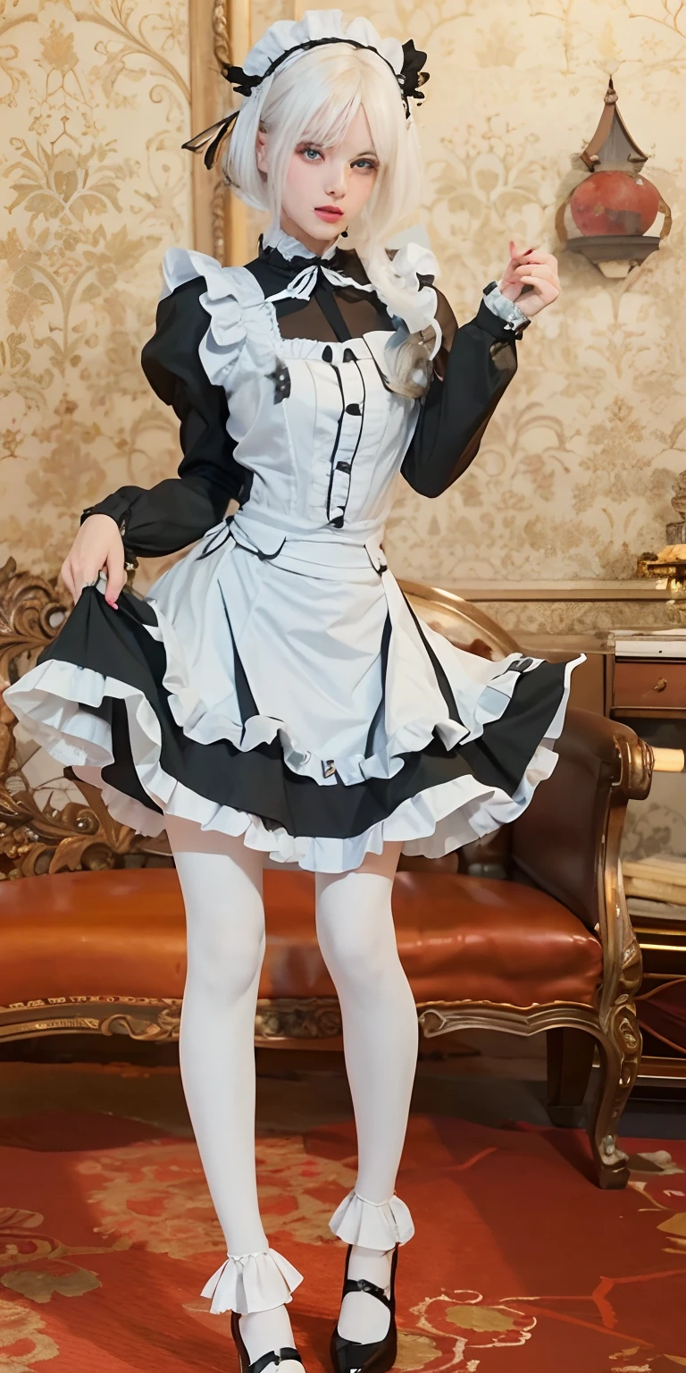 1girl,white hair,green eyes,maid dress, ultra detailed, masterpiece, realistic