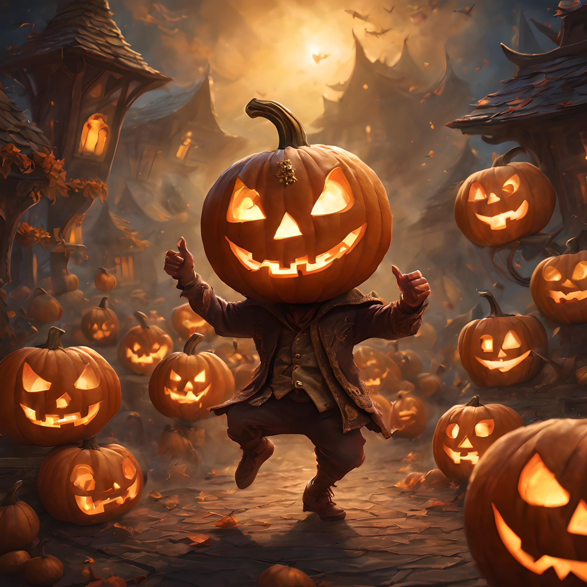 dancing Jack O'lantern, playing Jack O'lantern, fantasy world, magic world, a magical world、fairytale、