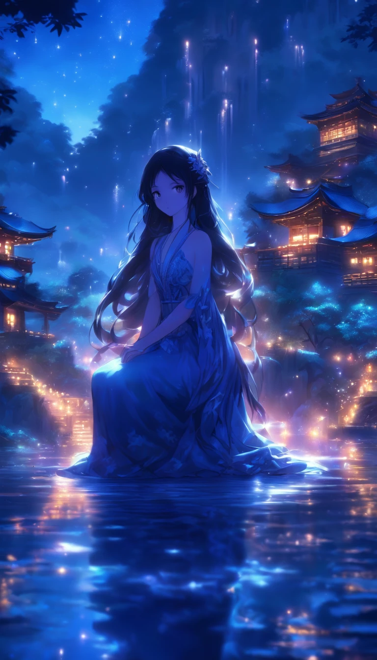(Masterpiece, Best quality), 1girll(atenea_Asamiya Palace), Cute dress, Long black hair, Sitting, Beautiful outdoor background, Night, forest，highly detailed surreal vfx，oc rendered