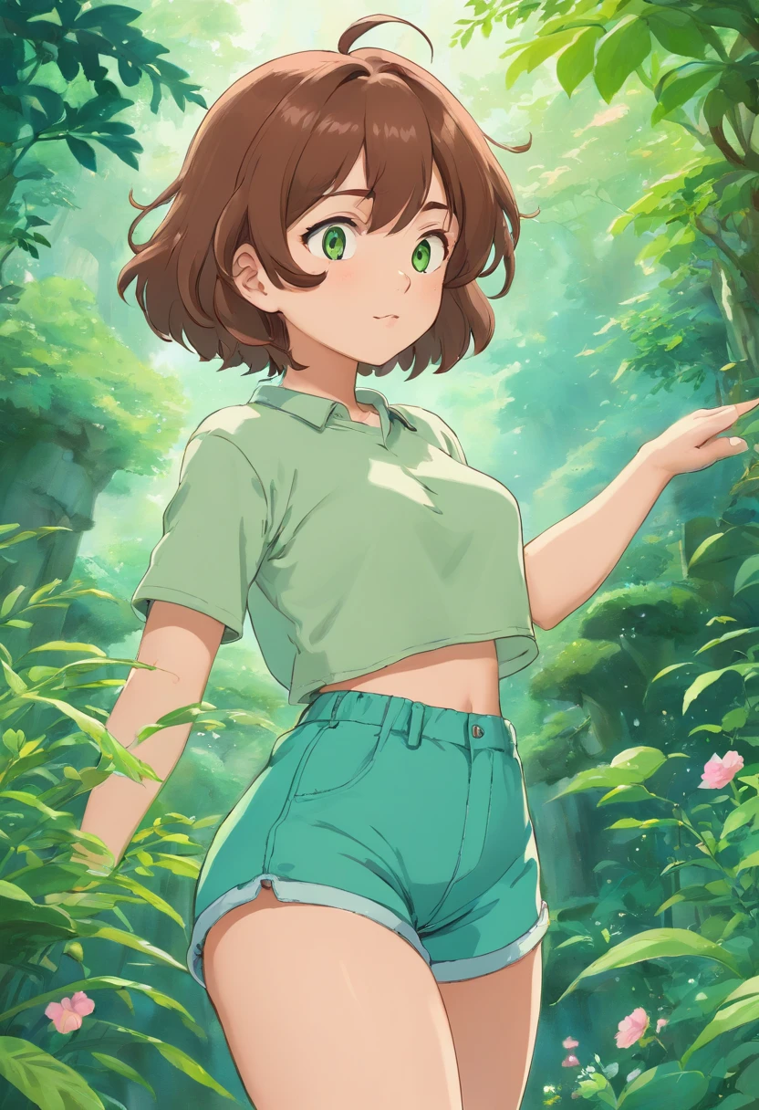 a feminine boy, very big butt, hourglass figure, big thighs, smooth skin, brown short fluffy hair, green eyes, shorts, crop top, seductive pose, in the style of tranquil gardenscapes, colorful animation stills, masami teraoka, aquamarine, paul gauguin, Embry style, honest portrayal