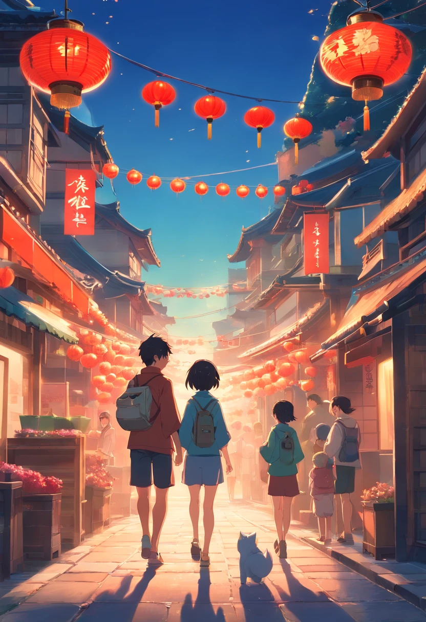 Street picture in CG game,Full of Chinese elements,The Lunar New Year is just around the corner,The festive atmosphere is strong,The style of medieval illustrations, Symbolic figurative landscapes, Light red and silver, Vintage poster design, Organic Art Nouveau, Saturated pigment pool, woodcut print,It depicts a group of adults surrounding a baby