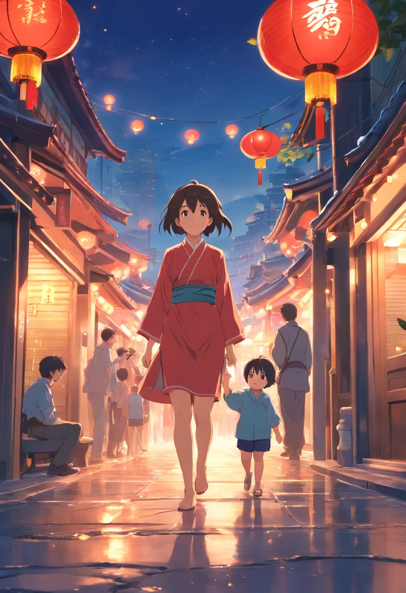 Street picture in CG game,Full of Chinese elements，The Lunar New Year is just around the corner，The festive atmosphere is strong，The style of medieval illustrations, Symbolic figurative landscapes, Light red and silver, Vintage poster design, Organic Art Nouveau, Saturated pigment pool, woodcut print，It depicts a group of adults surrounding a 